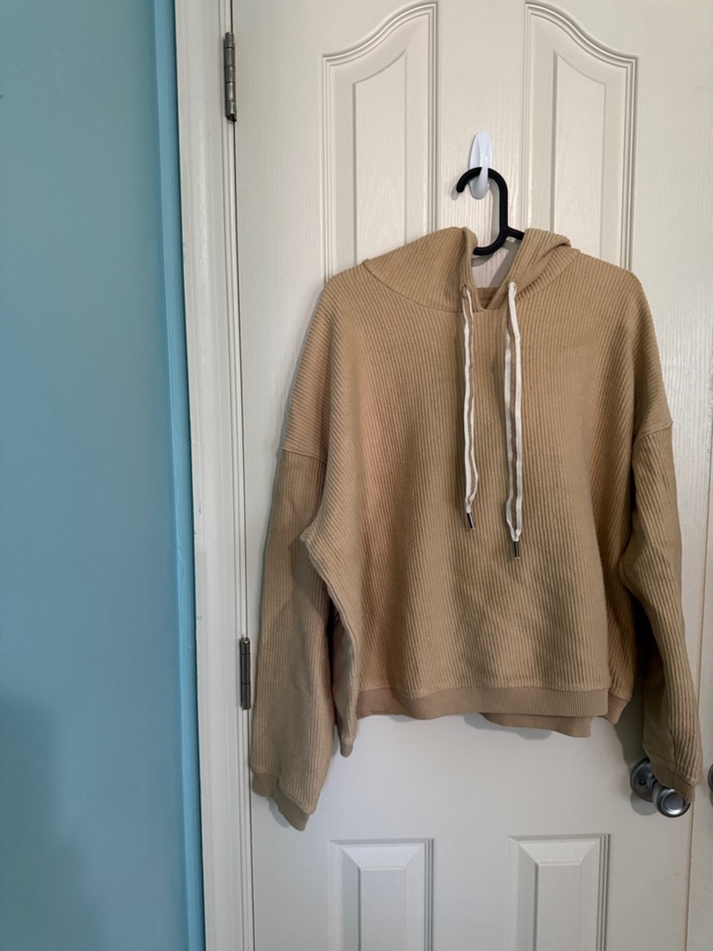 aerie Ribbed Beige Hoodie with Drawstring